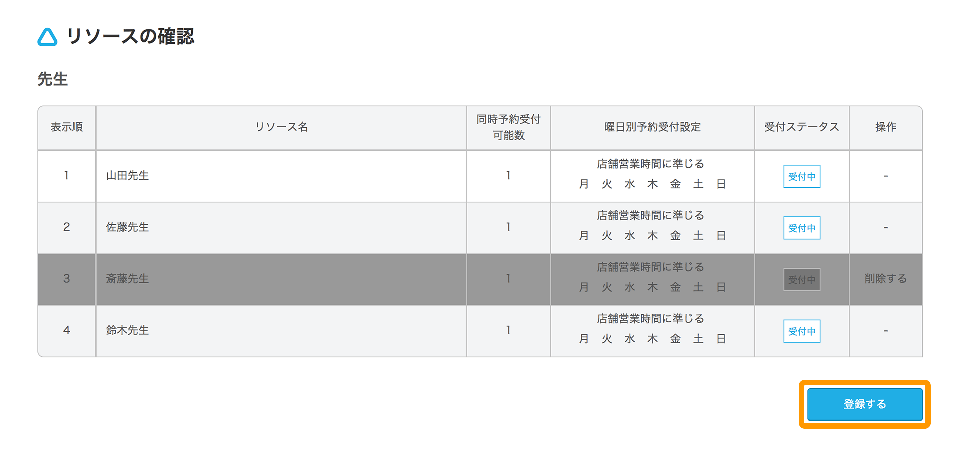 Airリザーブ リソースの確認画面 登録する