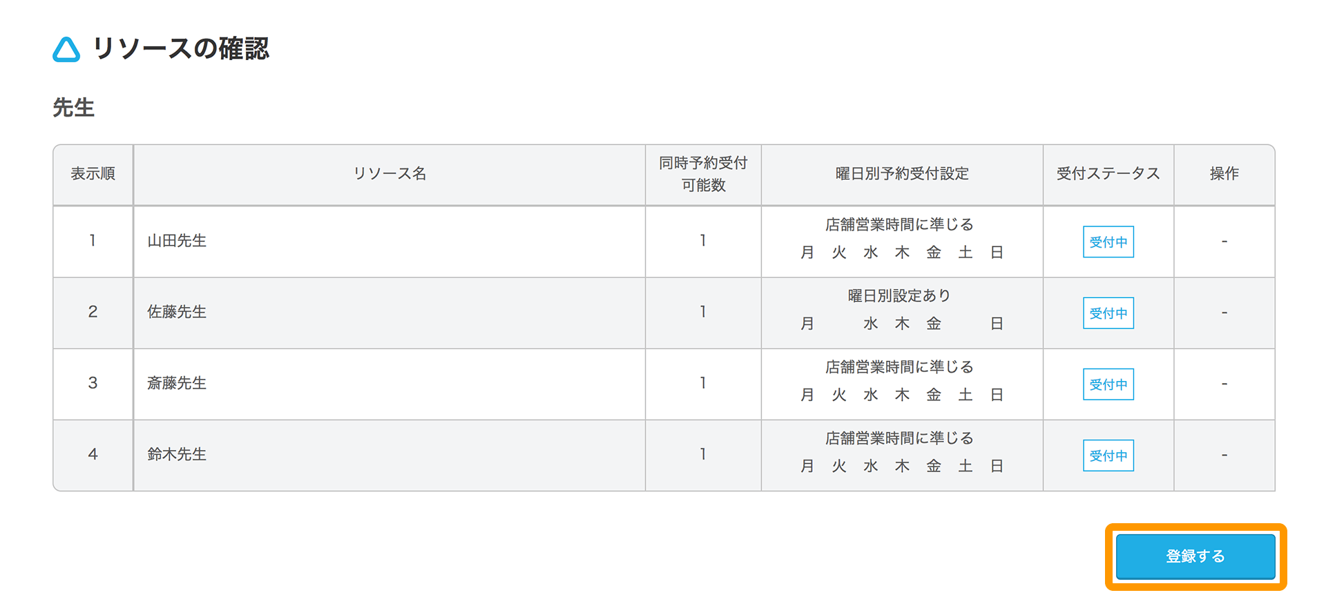 Airリザーブ リソースの確認画面 登録する