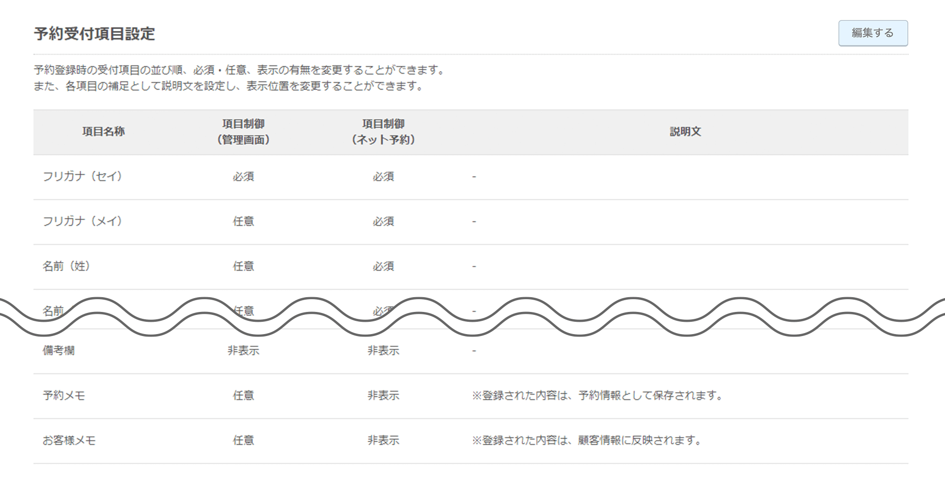 Airリザーブ カレンダー設定画面 予約受付項目設定