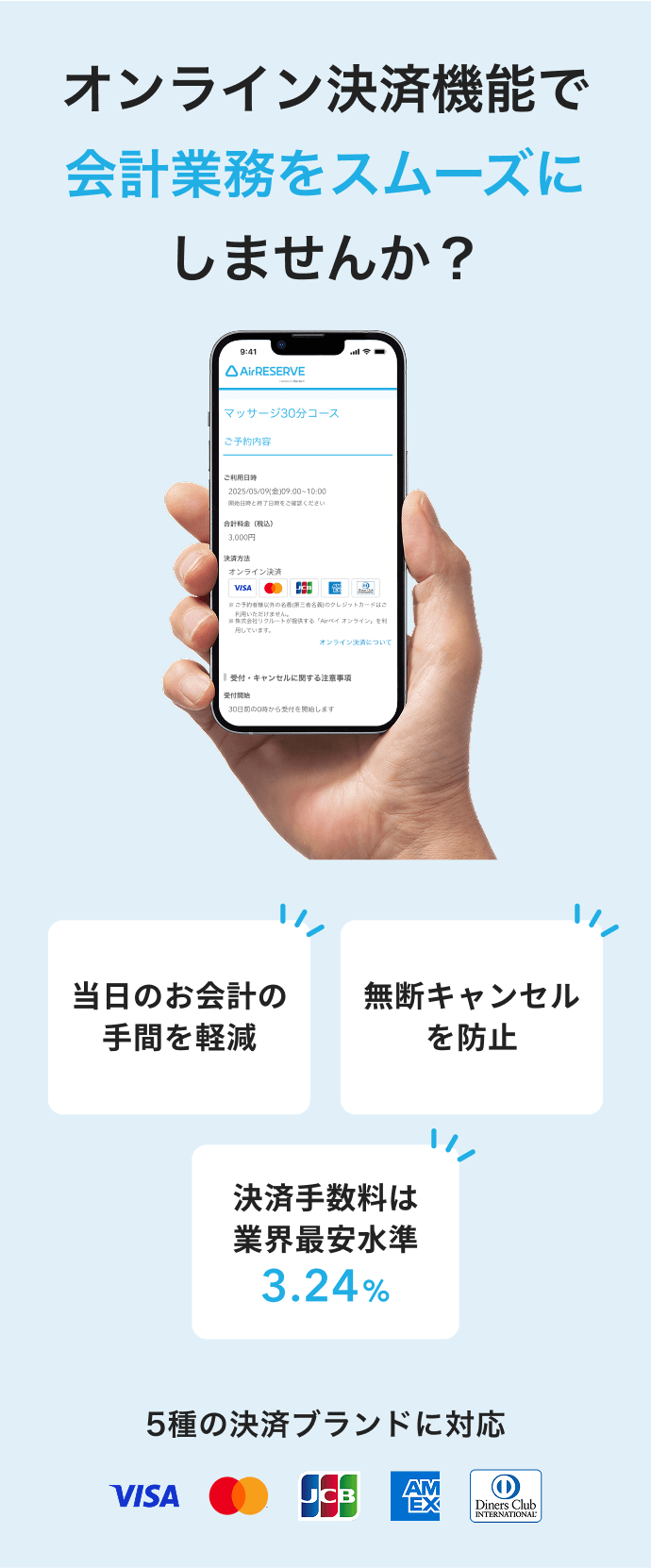 01 Airリザーブ Airリザーブのオンライン決済機能で会計業務をスムーズにしませんか？ 当日のお会計の手間を軽減 無断キャンセルを防止 決済手数料は業界最安水準3.24% 5種の決済ブランドに対応